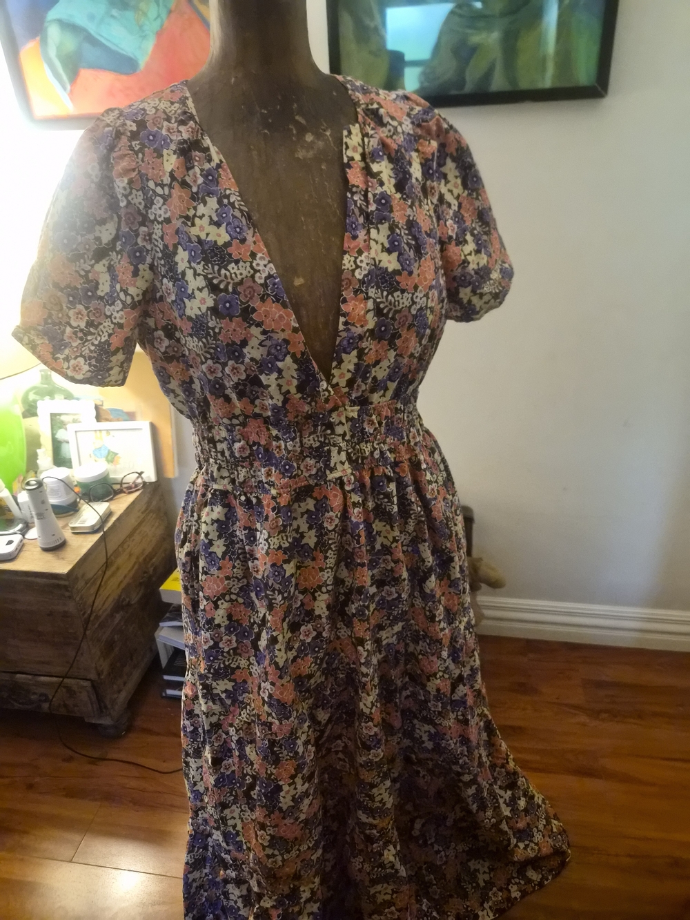 Anthropologie Navy Floral Midi Dress with Pink & Cream Accents